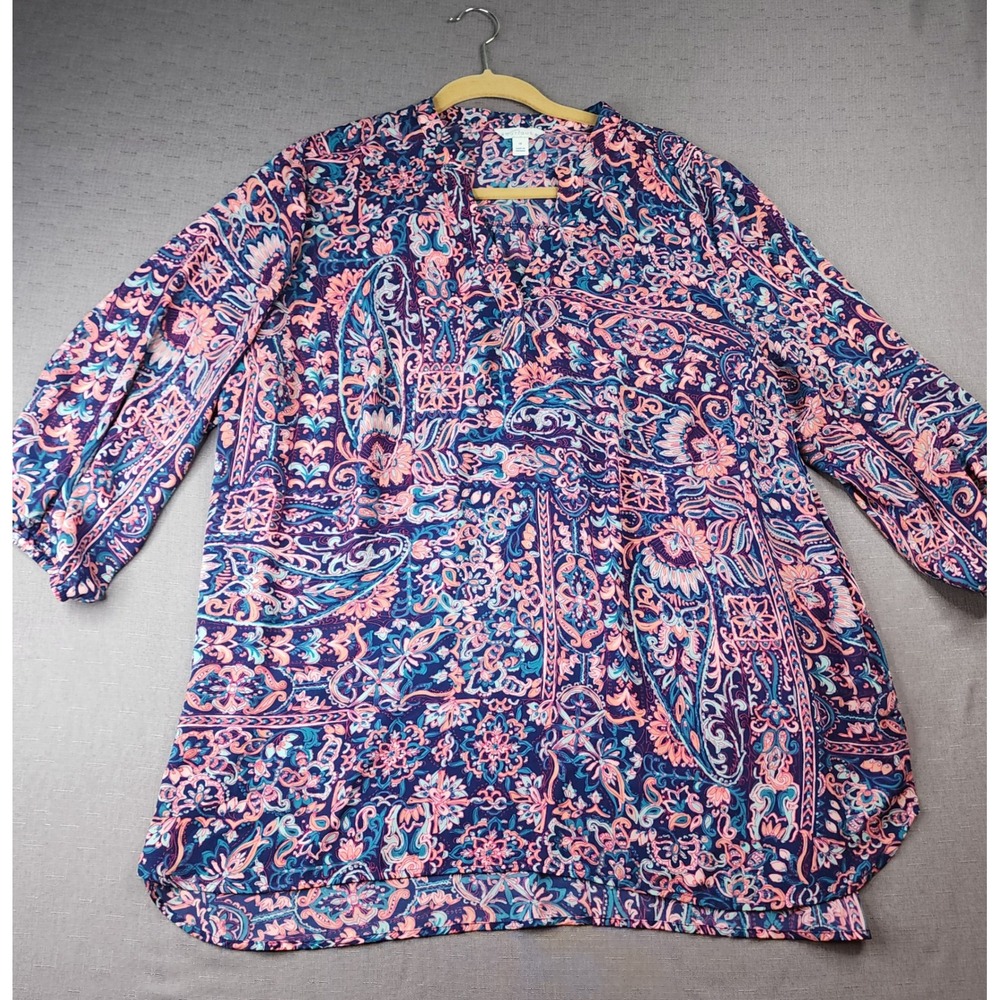 Boutique Plus Size 1X Paisley Blouse Navy Pink Teal V-Neck 3/4 Sleeve Top